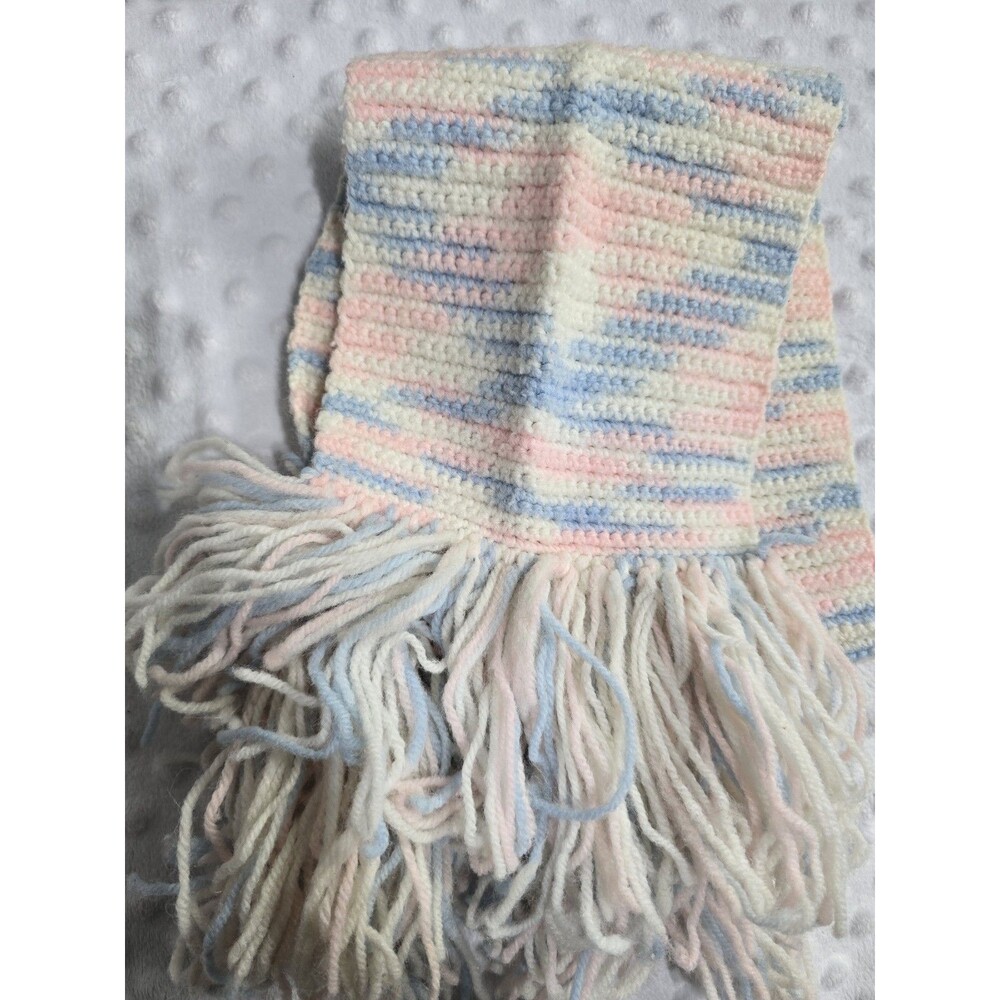 Vintage Handmade Crochet Neck Scarf Pastel Baby Blue Pink Granny Fringe White